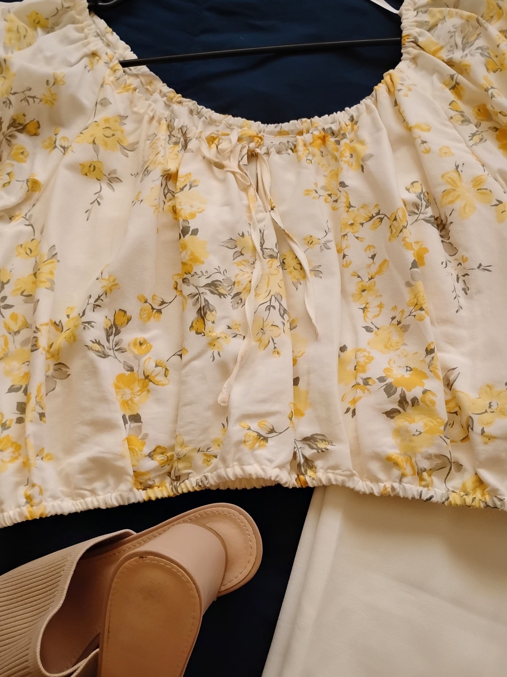 Cream Yellow Floral Cropped Peasant Top And Pants Set